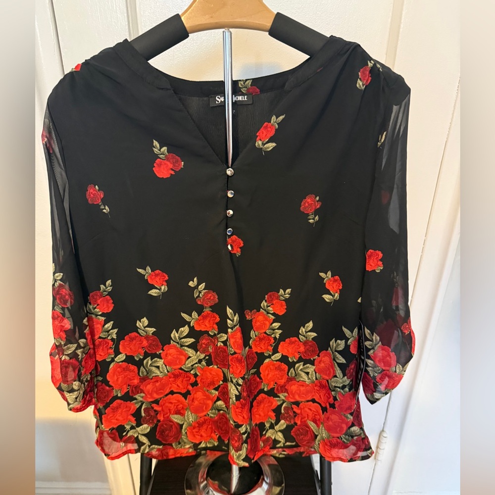 Sara Michelle Black Blouse with Red Floral Design